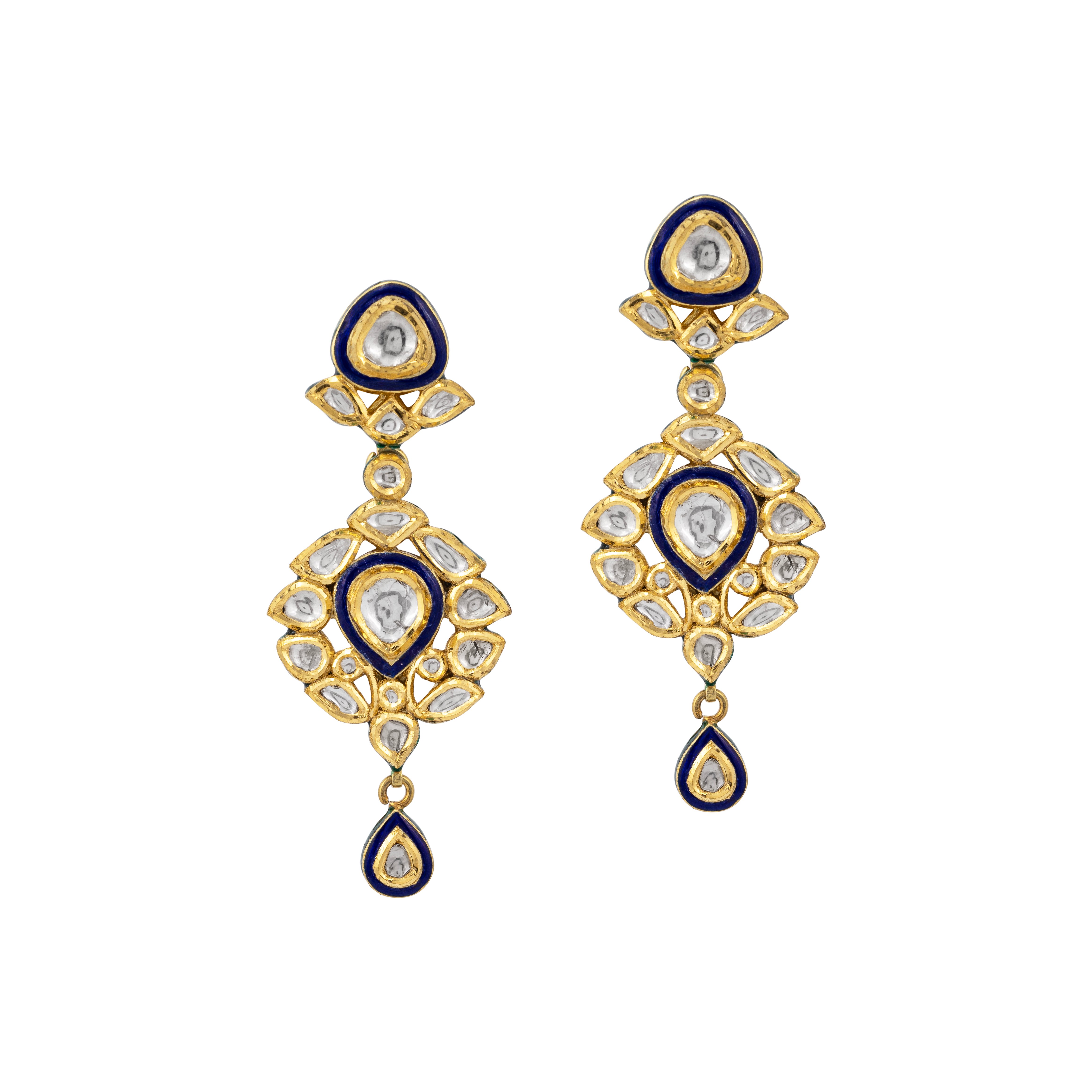 Polki Drop Earrings with Blue Enamel and Teardrop Motifs